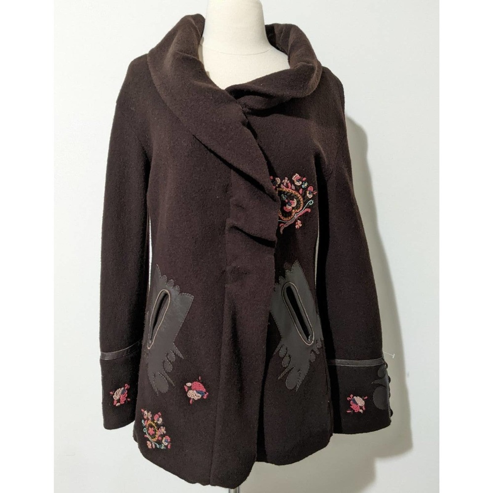 L large Kenzo wool coat flower floral embroidered embroidery Leather trim superb